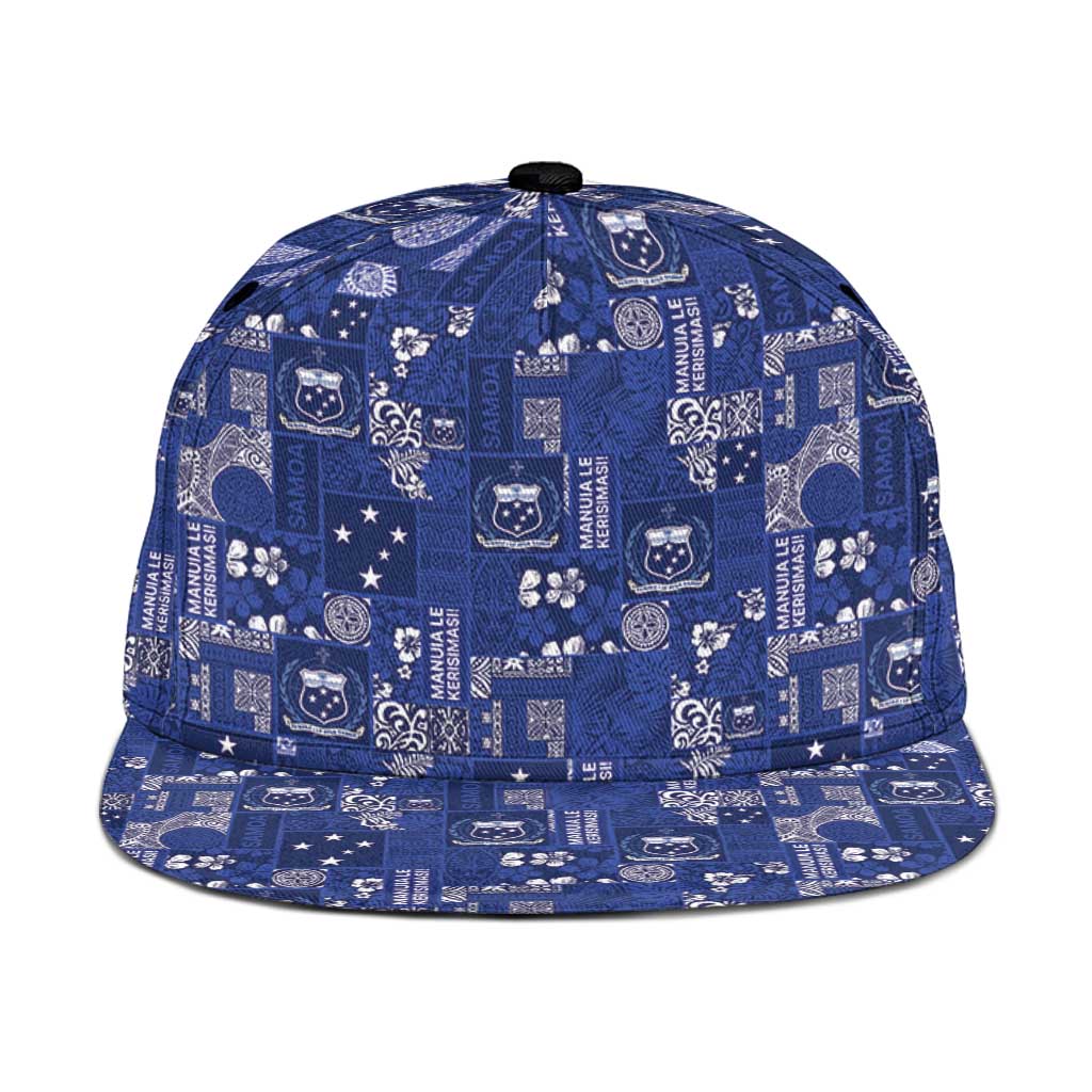 Blue Samoa Manuia Le Kerisimasi Snapback Cap Pacific Patchwork Xmas Vibes - Polynesian Pride