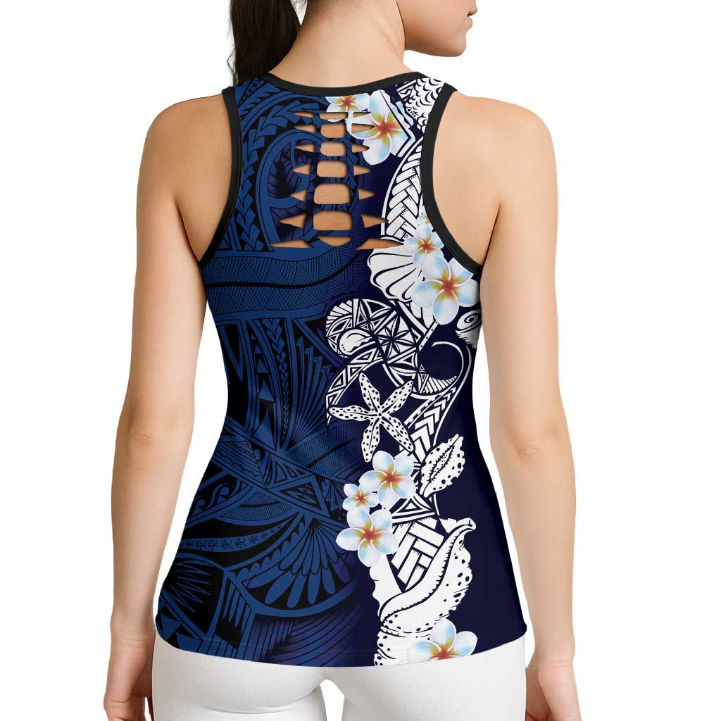 Blue Samoa Tattoo Hollow Tank Top Plumeria Samoan Ocean Tatau Pattern LT14 - Polynesian Pride