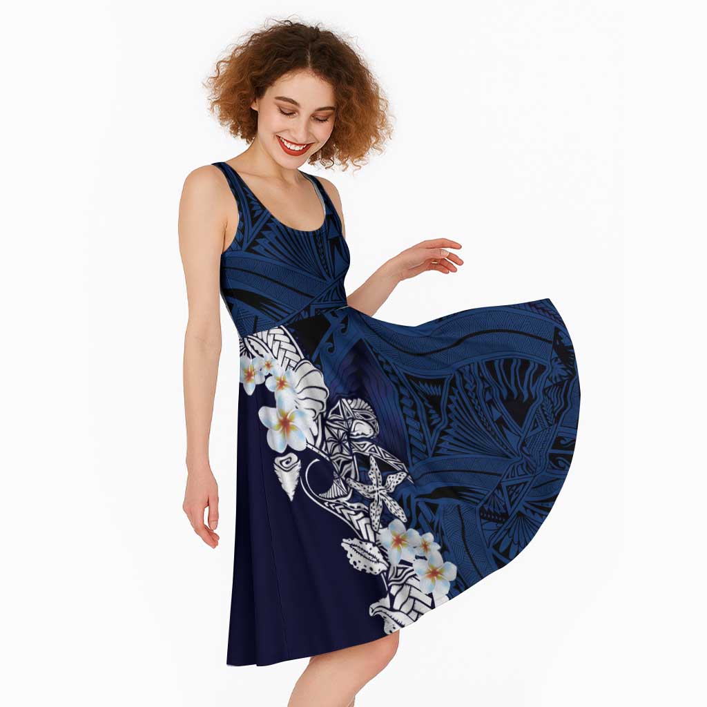 Blue Samoa Tattoo Midi Dress Plumeria Samoan Ocean Tatau Pattern - Polynesian Pride