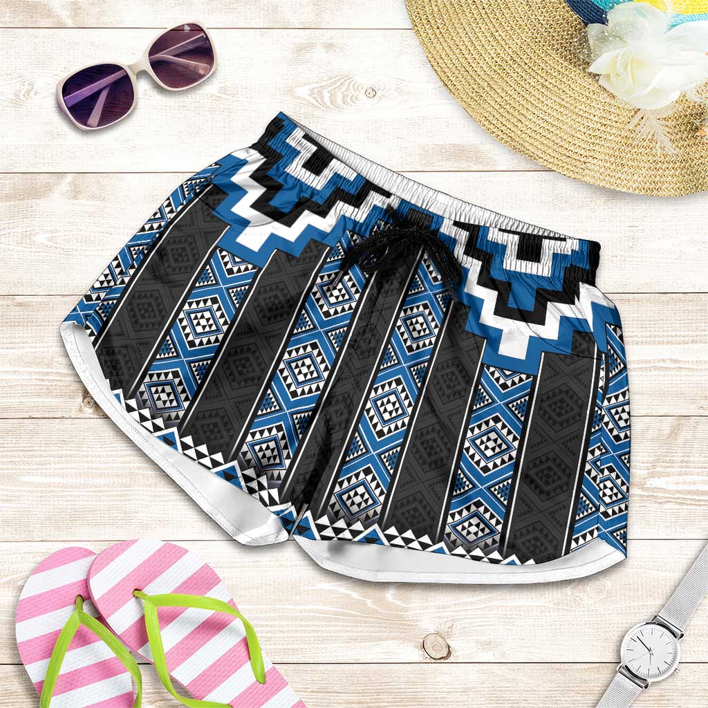 Blue Taniko Aotearoa Shorts for Women Niho Taniwha Mix Poutama LT14 Blue - Polynesian Pride