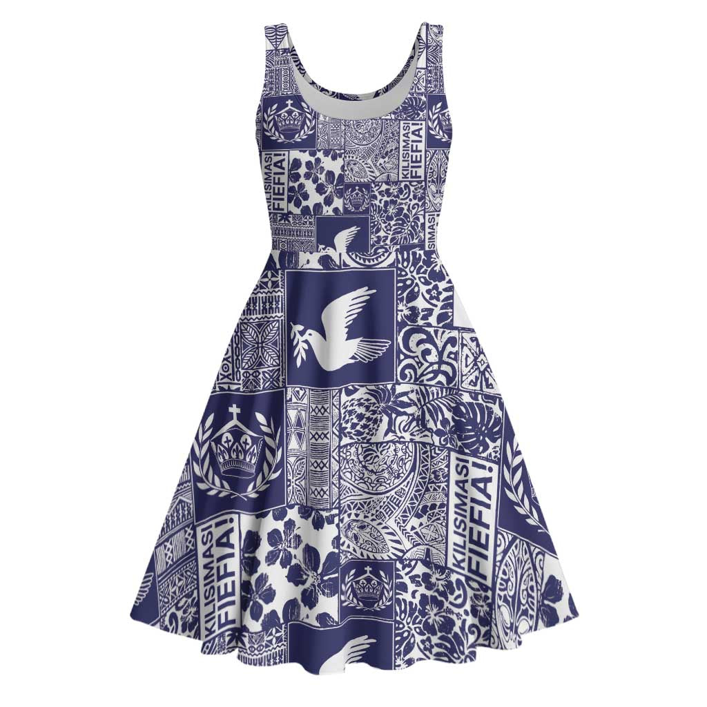Blue Tonga Kilisimasi Fiefia Midi Dress Pacific Patchwork Xmas Vibes - Polynesian Pride