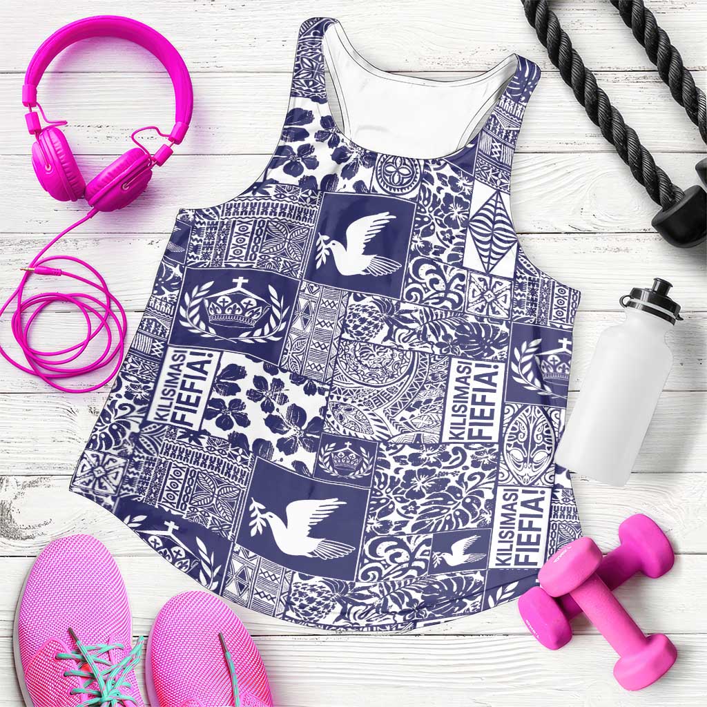 Blue Tonga Kilisimasi Fiefia Women Racerback Tank Pacific Patchwork Xmas Vibes - Polynesian Pride