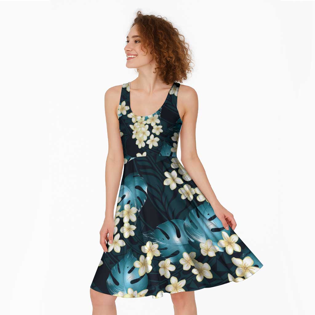 Blue Tropical Hawaii Midi Dress Seamless Monstera Plumeria Hawaiian Pattern - Polynesian Pride
