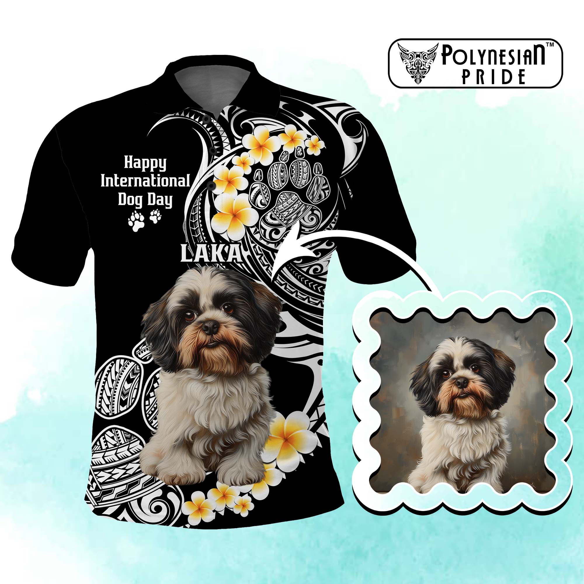 Custom Photo Happy International Dog Day Polo Shirt Tropical Flowers With Polynesian Pattern CTM14