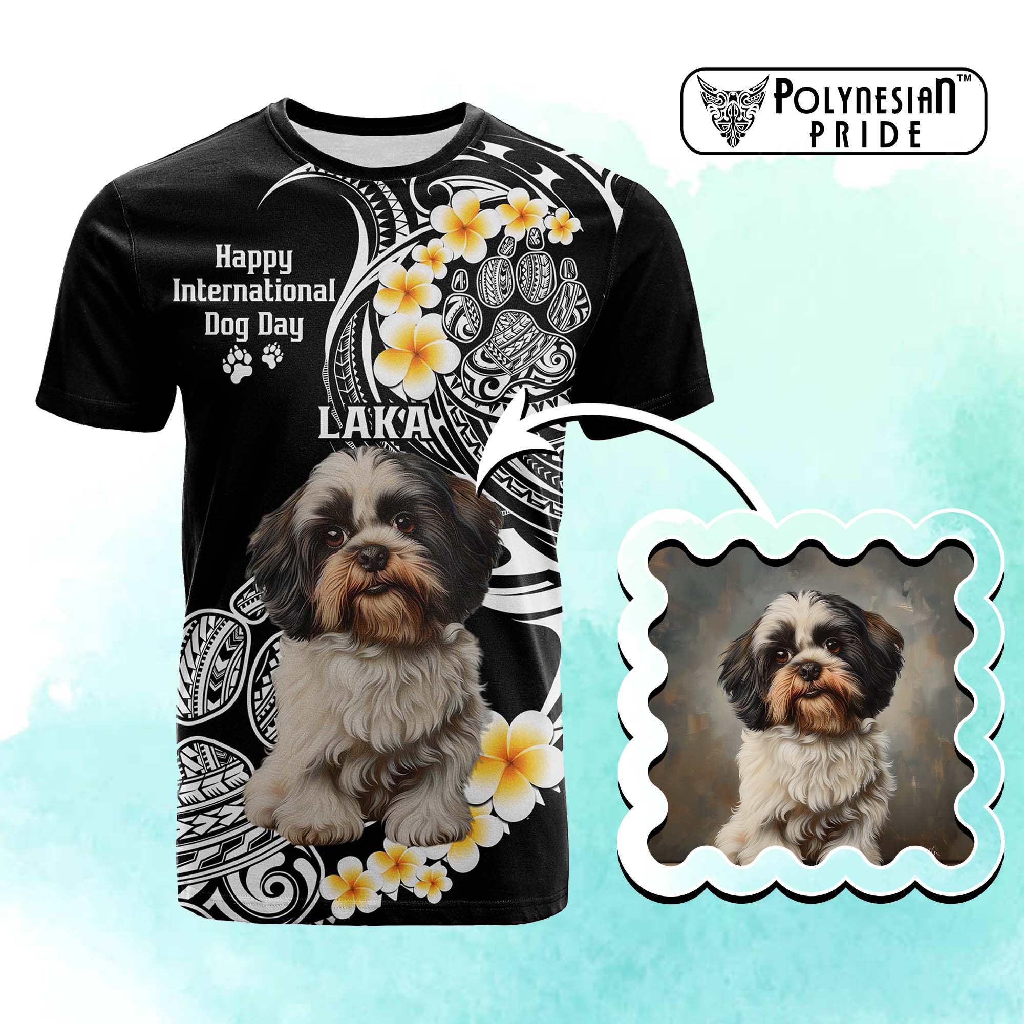 Custom Photo Happy International Dog Day T Shirt Tropical Flowers With Polynesian Pattern CTM14