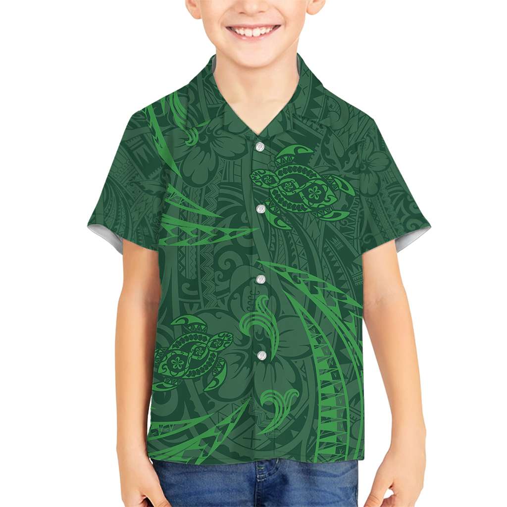 Polynesian Tribal Green Family Matching Off Shoulder Maxi Dress and Hawaiian Shirt Turtle Tattoo LT05