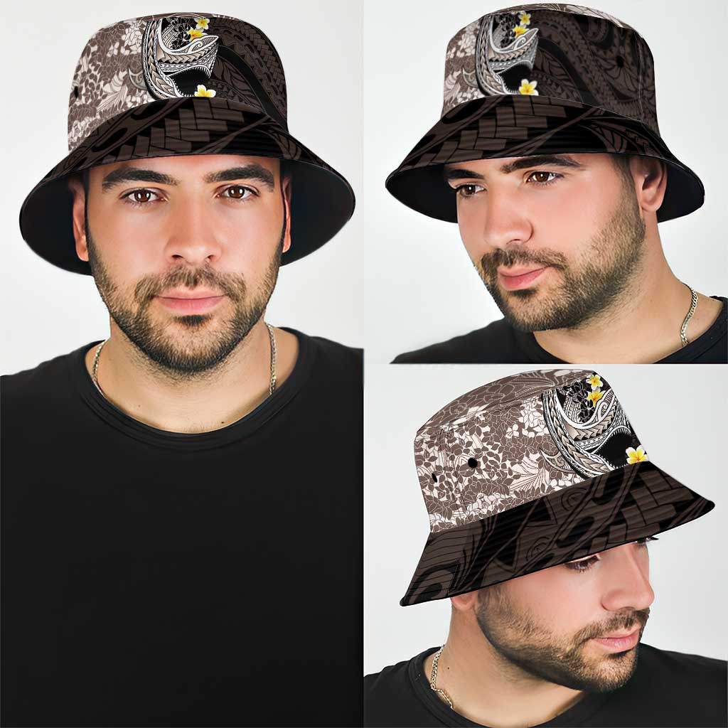Brown and Black Hawaii Shark Tattoo Bucket Hat Puakenikeni Lei Plumeria Polynesian Pattern - Polynesian Pride