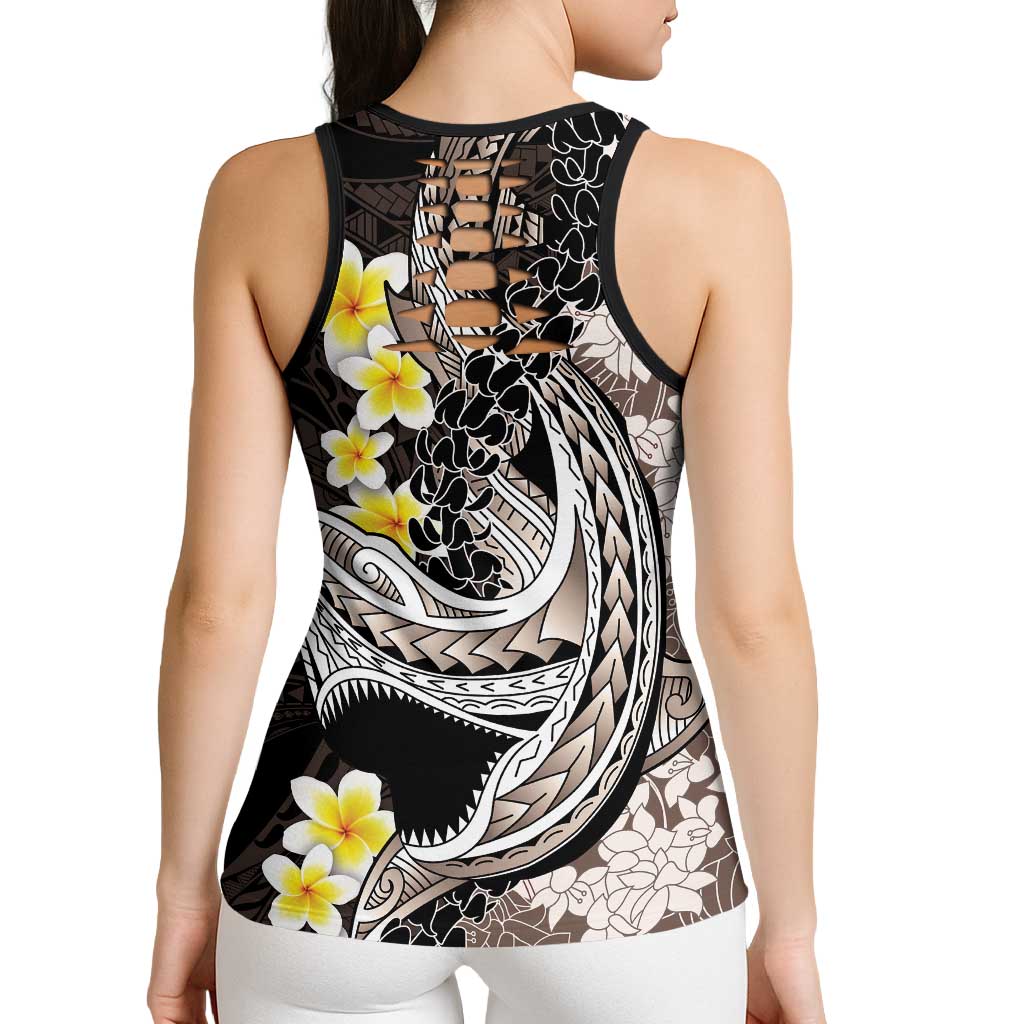 Brown and Black Hawaii Shark Tattoo Hollow Tank Top Puakenikeni Lei Plumeria Polynesian Pattern - Polynesian Pride