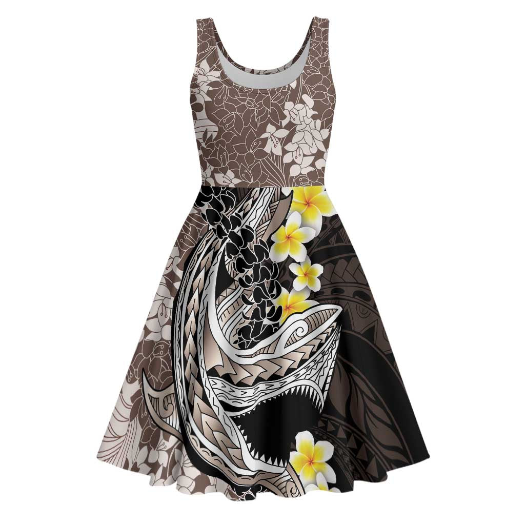 Brown and Black Hawaii Shark Tattoo Midi Dress Puakenikeni Lei Plumeria Polynesian Pattern - Polynesian Pride