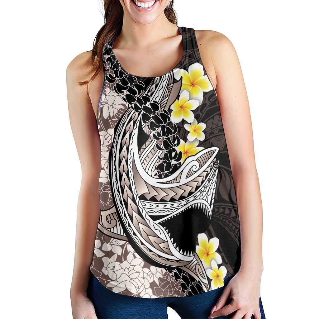 Brown and Black Hawaii Shark Tattoo Women Racerback Tank Puakenikeni Lei Plumeria Polynesian Pattern - Polynesian Pride