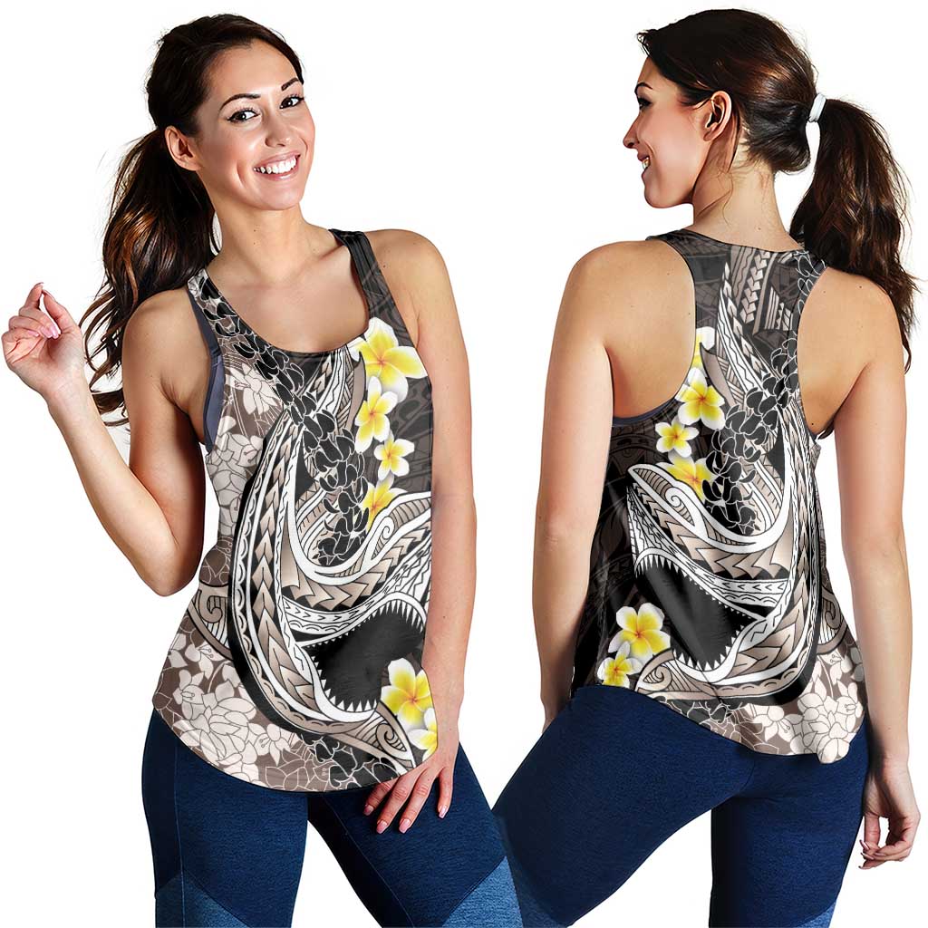 Brown and Black Hawaii Shark Tattoo Women Racerback Tank Puakenikeni Lei Plumeria Polynesian Pattern - Polynesian Pride