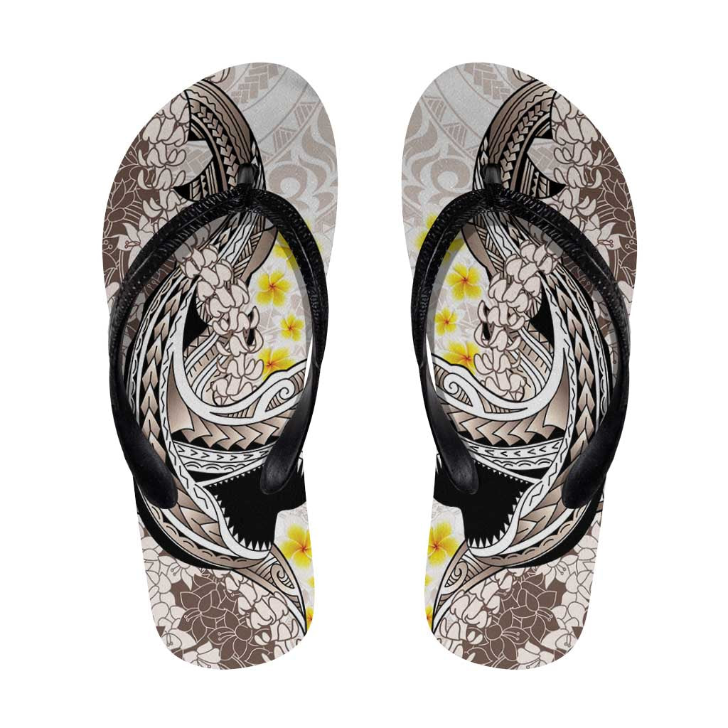 Brown and White Hawaii Shark Tattoo Flip Flops Puakenikeni Lei Plumeria Polynesian Pattern - Polynesian Pride