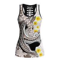 Brown and White Hawaii Shark Tattoo Hollow Tank Top Puakenikeni Lei Plumeria Polynesian Pattern - Polynesian Pride