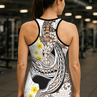 Brown and White Hawaii Shark Tattoo Hollow Tank Top Puakenikeni Lei Plumeria Polynesian Pattern - Polynesian Pride