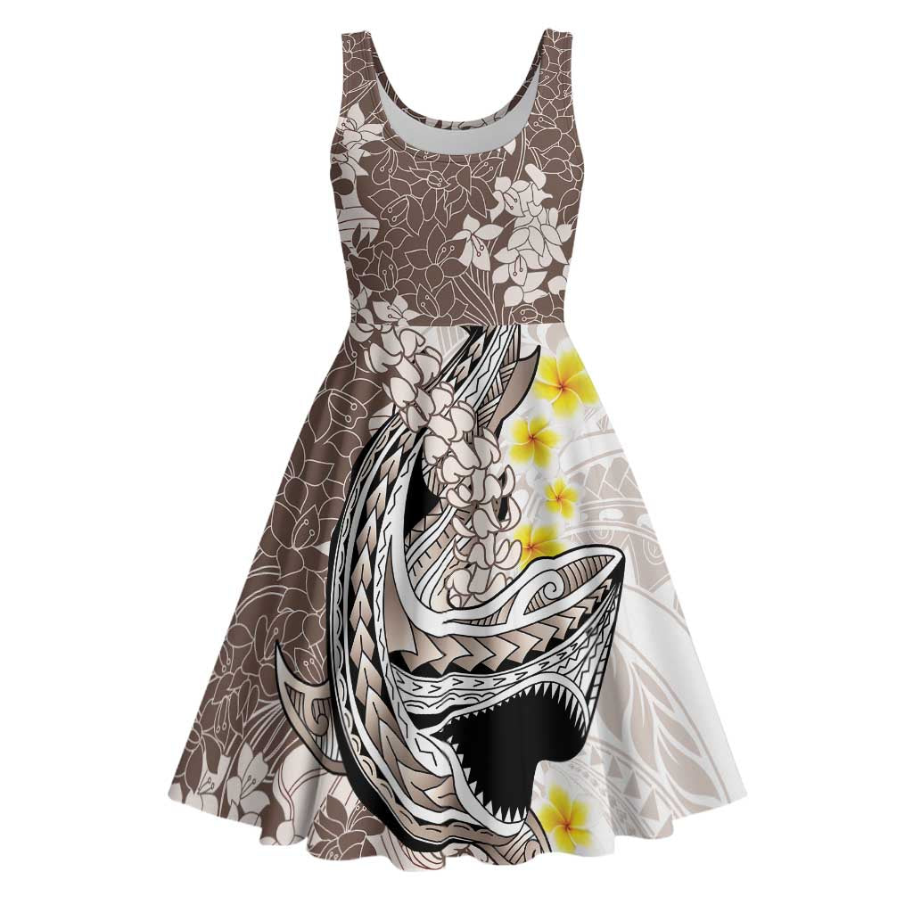 Brown and White Hawaii Shark Tattoo Midi Dress Puakenikeni Lei Plumeria Polynesian Pattern - Polynesian Pride