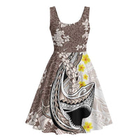 Brown and White Hawaii Shark Tattoo Midi Dress Puakenikeni Lei Plumeria Polynesian Pattern - Polynesian Pride