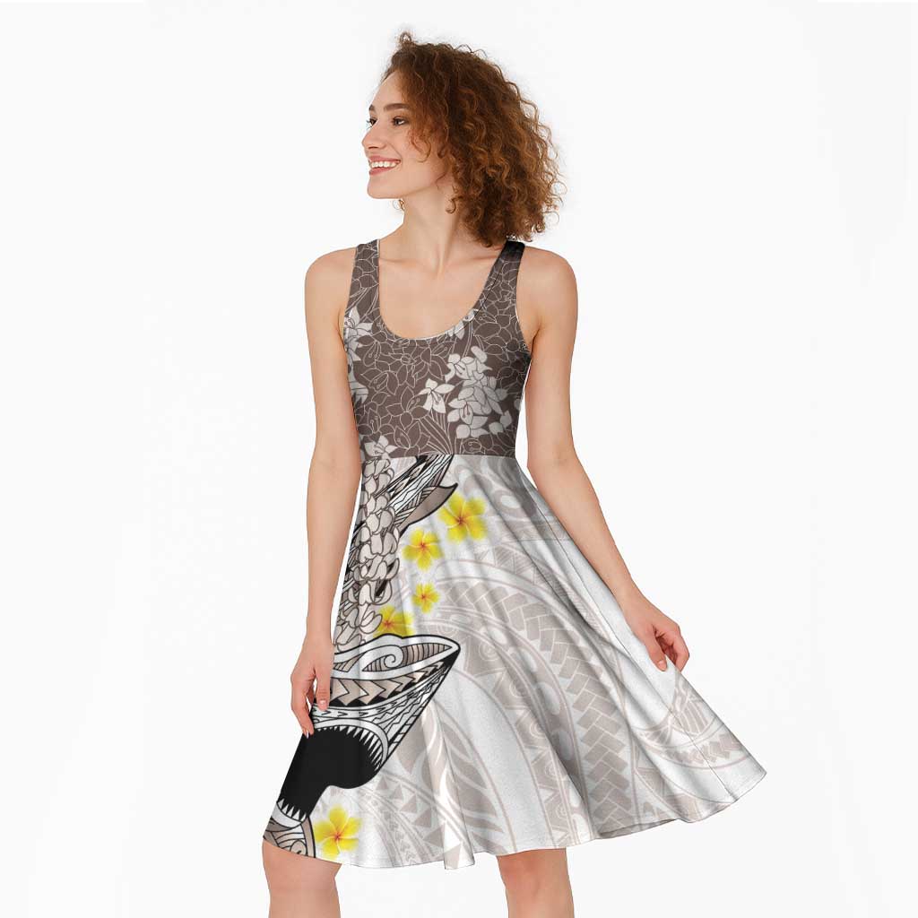 Brown and White Hawaii Shark Tattoo Midi Dress Puakenikeni Lei Plumeria Polynesian Pattern - Polynesian Pride