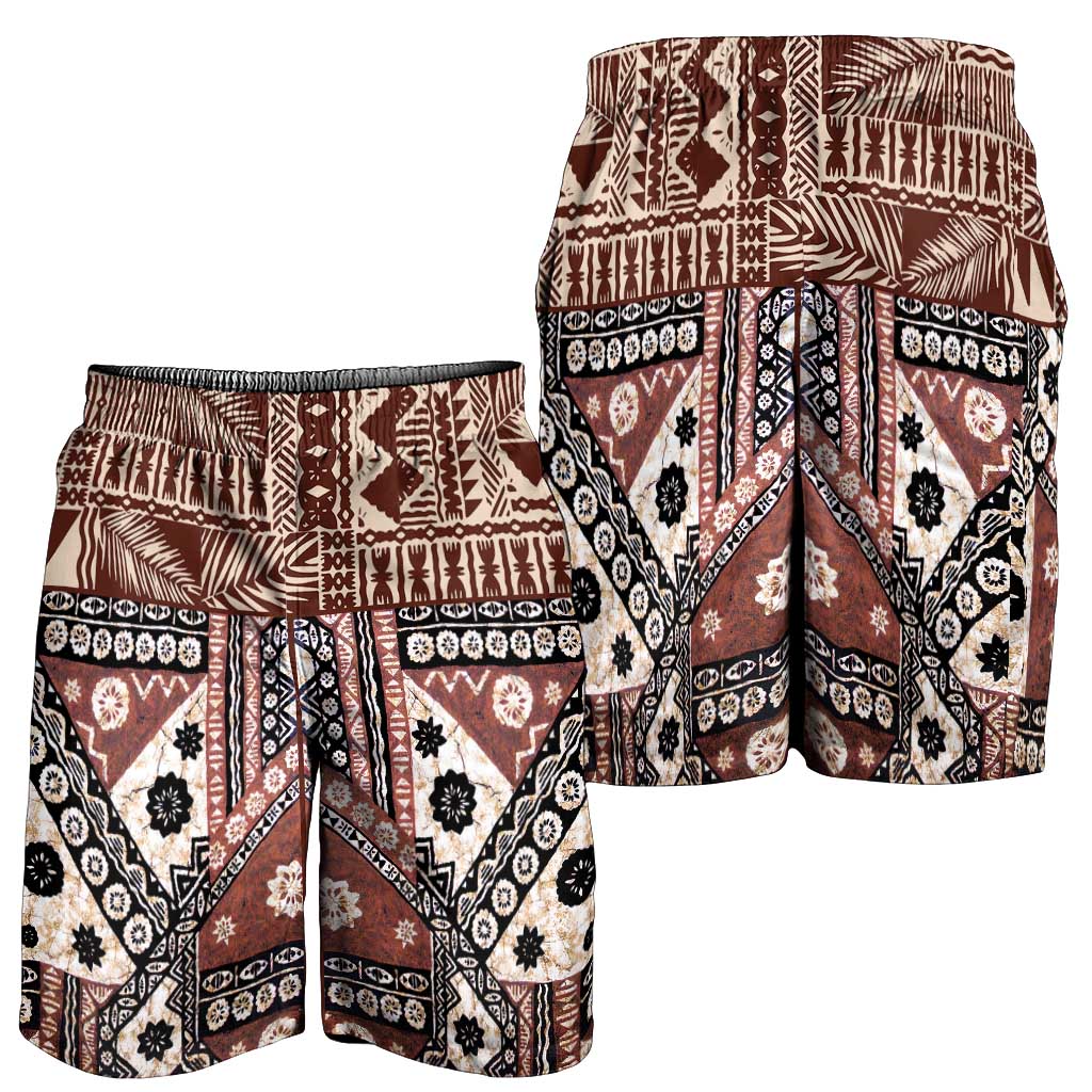 Brown Bula Fiji Shorts for Men Unique Masi Tapa Pattern - Polynesian Pride