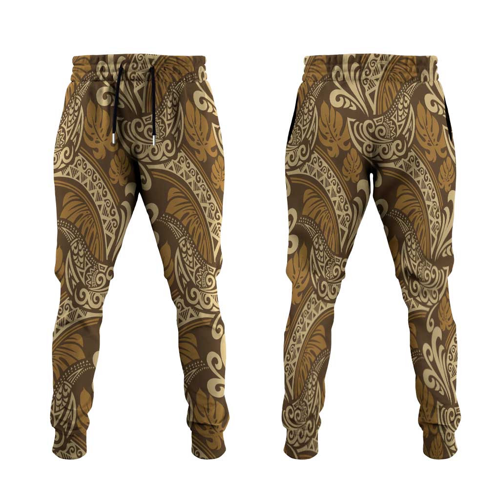 Brown Gold Monstera Jogger Pants Polynesian Tribal Pattern - Polynesian Pride