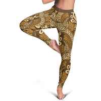 Brown Gold Monstera Leggings Polynesian Tribal Pattern - Polynesian Pride
