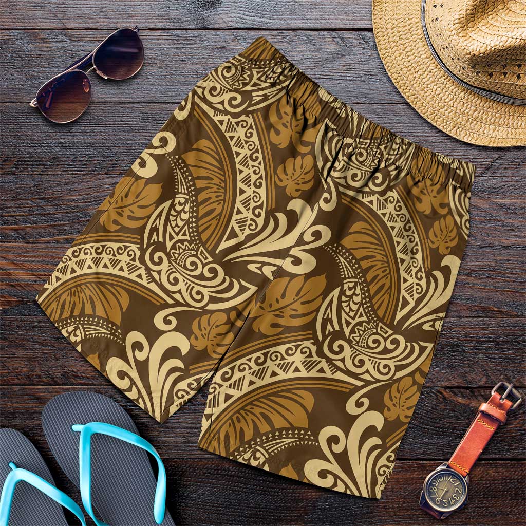 Brown Gold Monstera Shorts for Men Polynesian Tribal Pattern LT01 Gold - Polynesian Pride