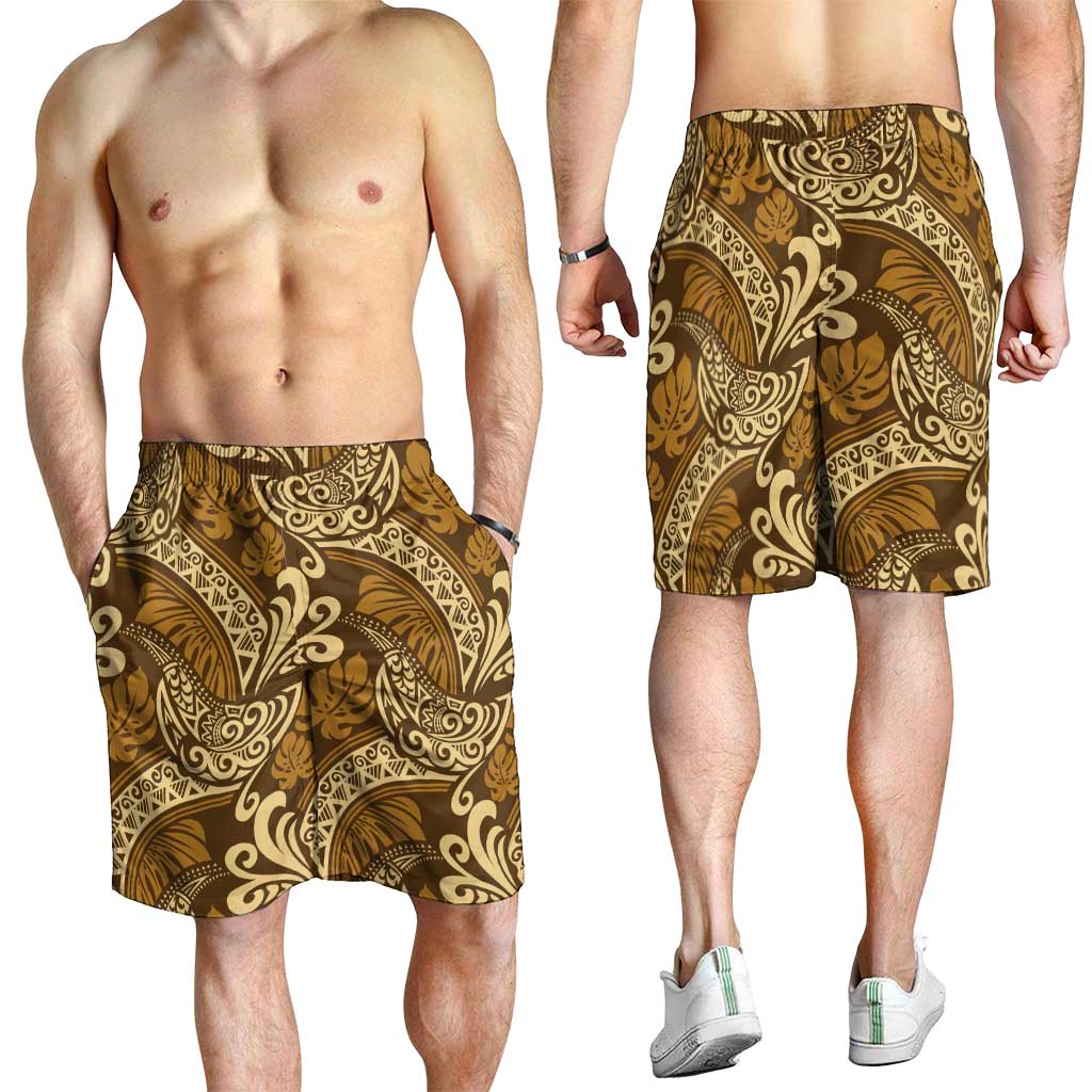 Brown Gold Monstera Shorts for Men Polynesian Tribal Pattern LT01 - Polynesian Pride