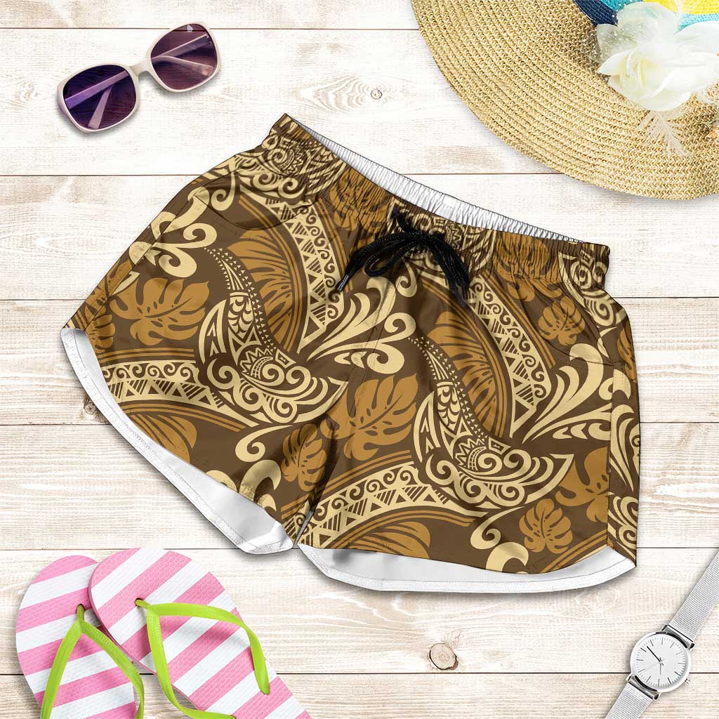 Brown Gold Monstera Shorts for Women Polynesian Tribal Pattern LT01 Gold - Polynesian Pride