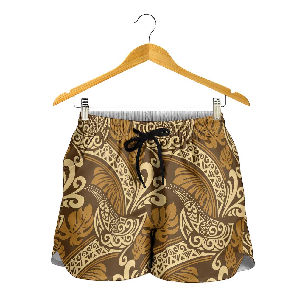 Brown Gold Monstera Shorts for Women Polynesian Tribal Pattern LT01 - Polynesian Pride