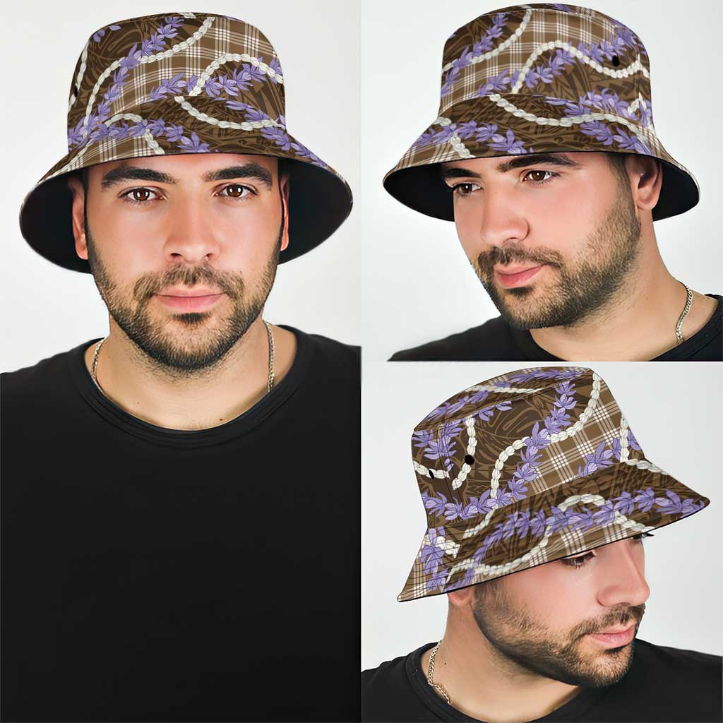 Brown Hawaii Palaka Honohono Pikake Bucket Hat Hawaiian Orchid Lei Polynesian Pattern - Polynesian Pride