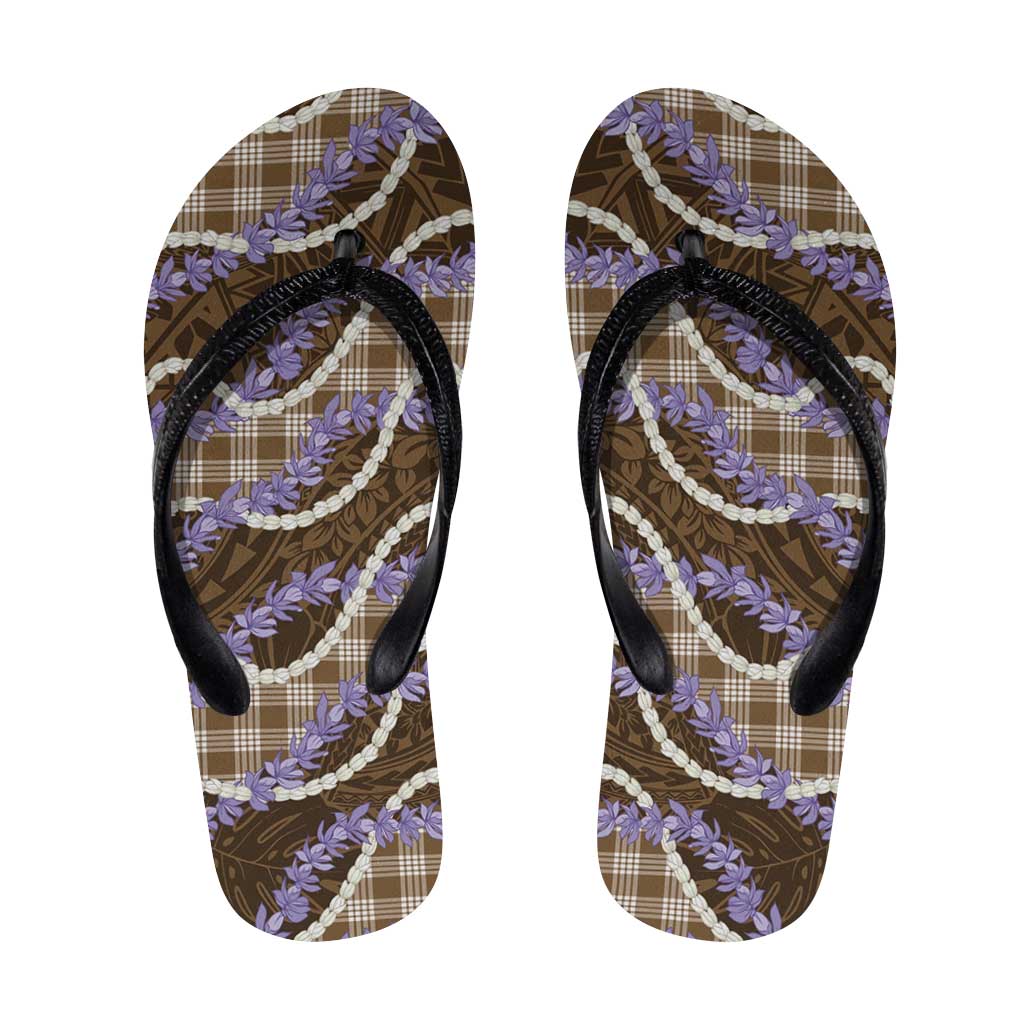 Brown Hawaii Palaka Honohono Pikake Flip Flops Hawaiian Orchid Lei Polynesian Pattern - Polynesian Pride
