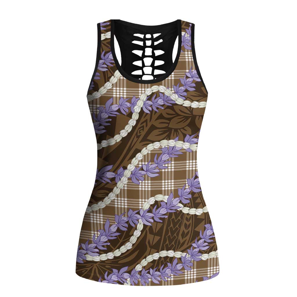 Brown Hawaii Palaka Honohono Pikake Hollow Tank Top Hawaiian Orchid Lei Polynesian Pattern LT14 Female Brown - Polynesian Pride