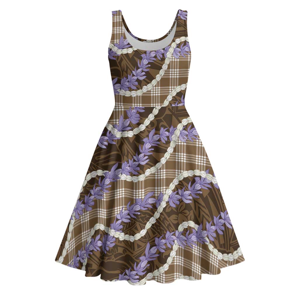 Brown Hawaii Palaka Honohono Pikake Midi Dress Hawaiian Orchid Lei Polynesian Pattern - Polynesian Pride