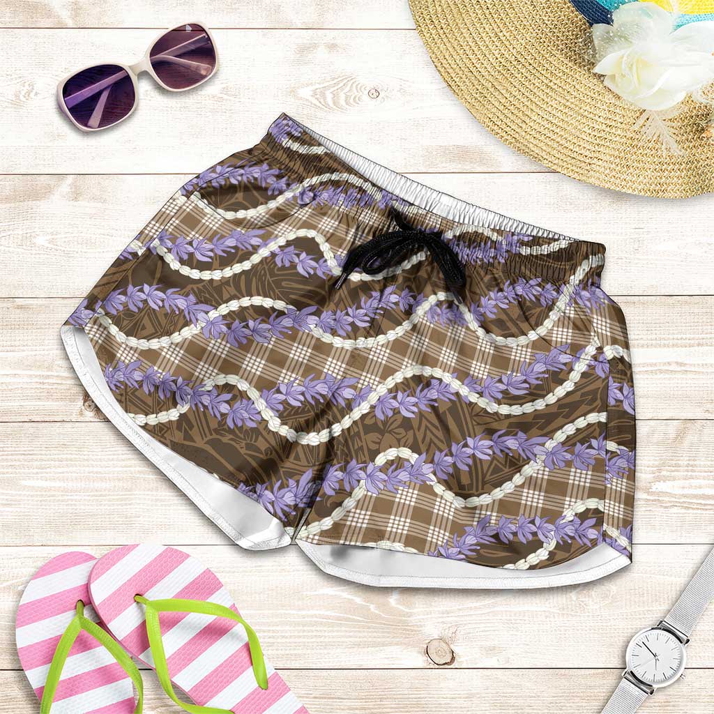 Brown Hawaii Palaka Honohono Pikake Shorts for Women Hawaiian Orchid Lei Polynesian Pattern LT14 Brown - Polynesian Pride