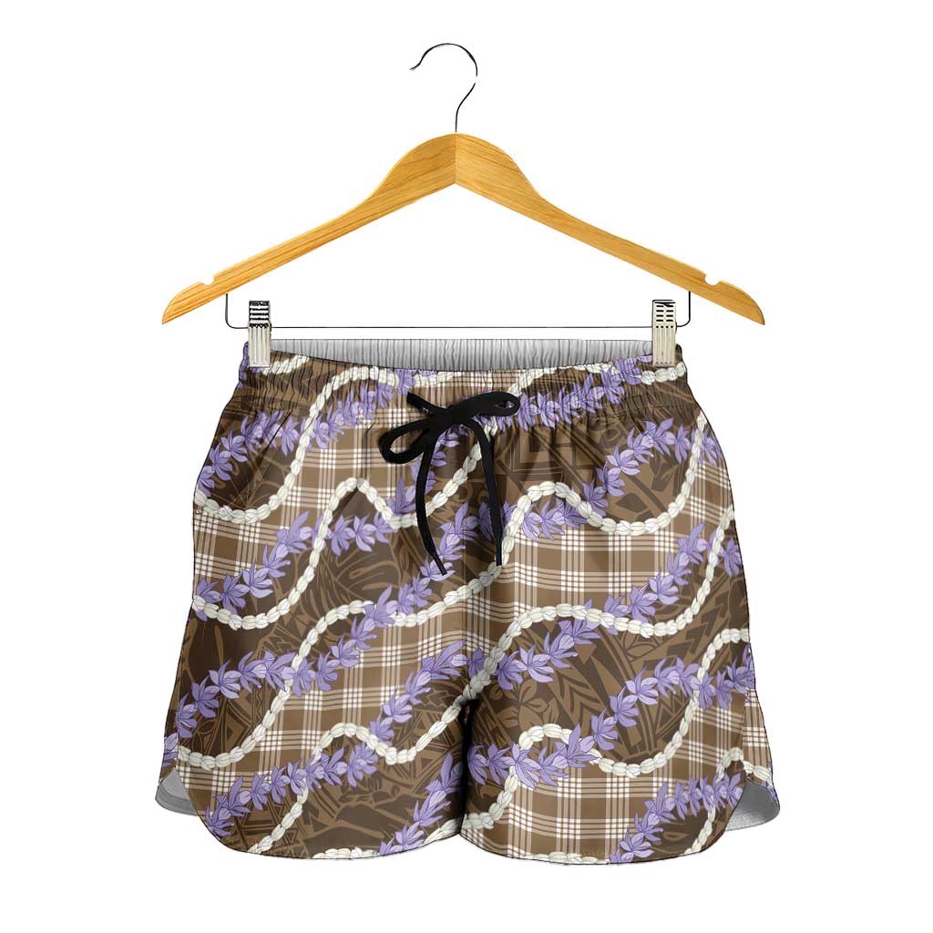 Brown Hawaii Palaka Honohono Pikake Shorts for Women Hawaiian Orchid Lei Polynesian Pattern LT14 - Polynesian Pride