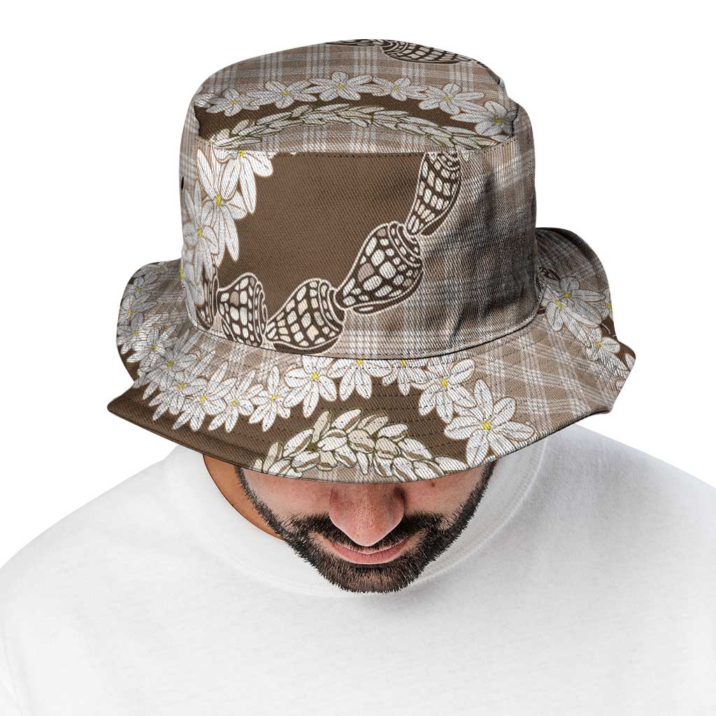Brown Hawaii Tiare and Shell Lei Bucket Hat Hawaiian Palaka Luxury Vibes - Polynesian Pride