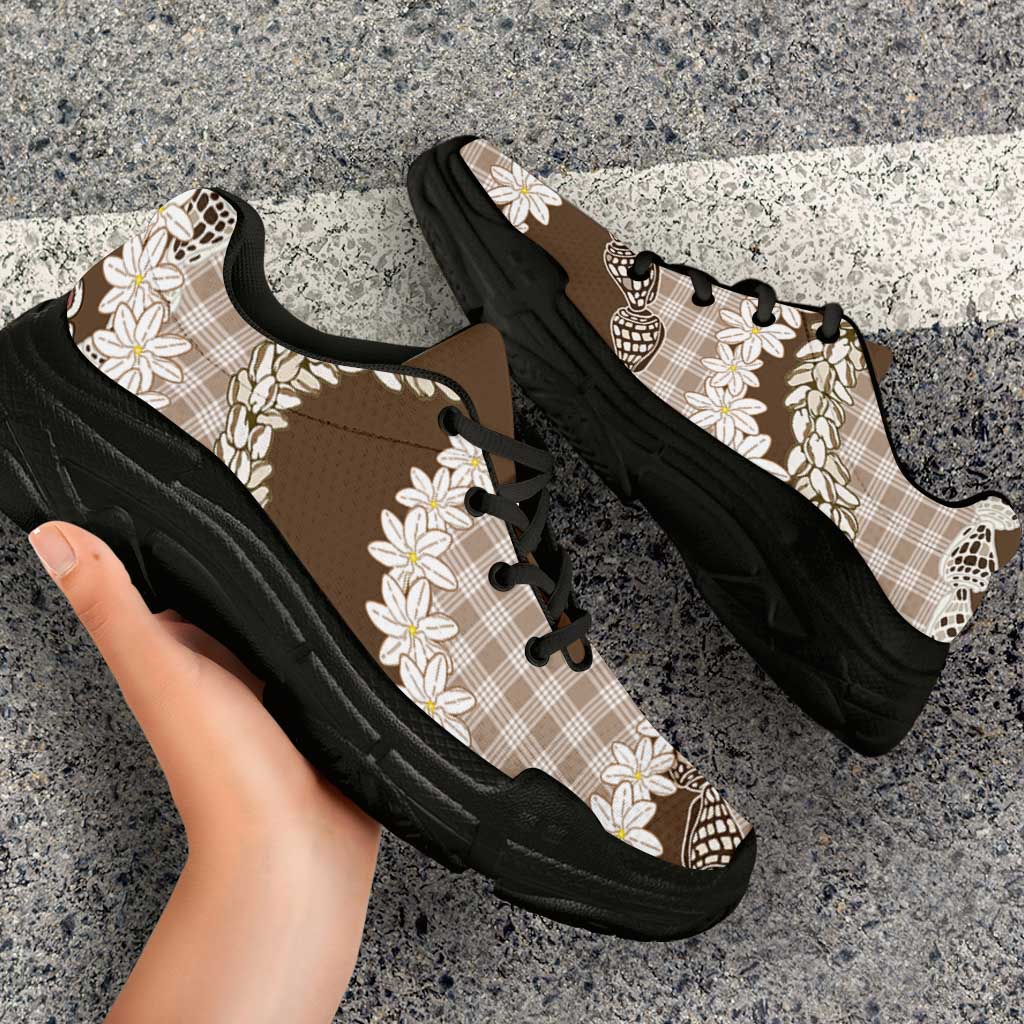 Brown Hawaii Tiare and Shell Lei Chunky Sneakers Hawaiian Palaka Luxury Vibes - Polynesian Pride