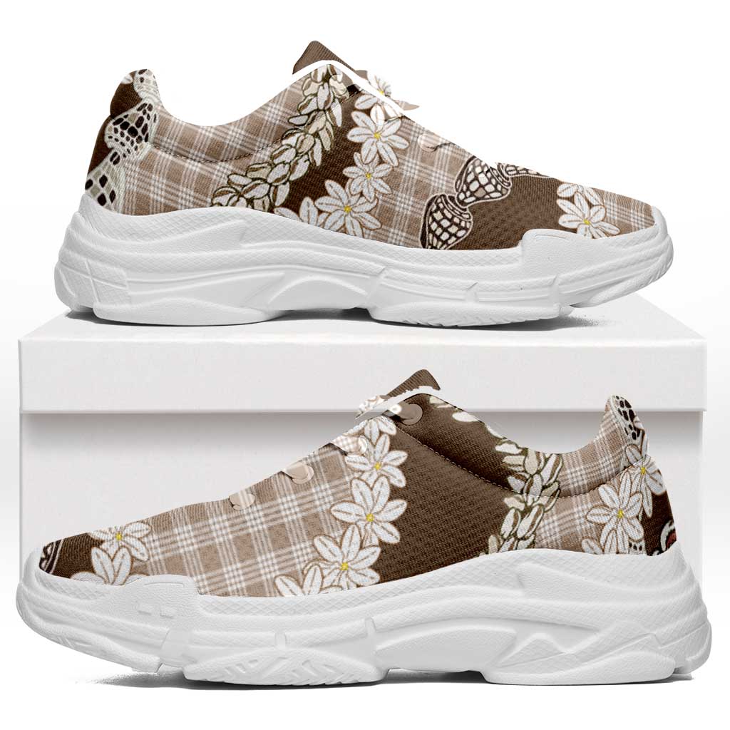 Brown Hawaii Tiare and Shell Lei Chunky Sneakers Hawaiian Palaka Luxury Vibes - Polynesian Pride