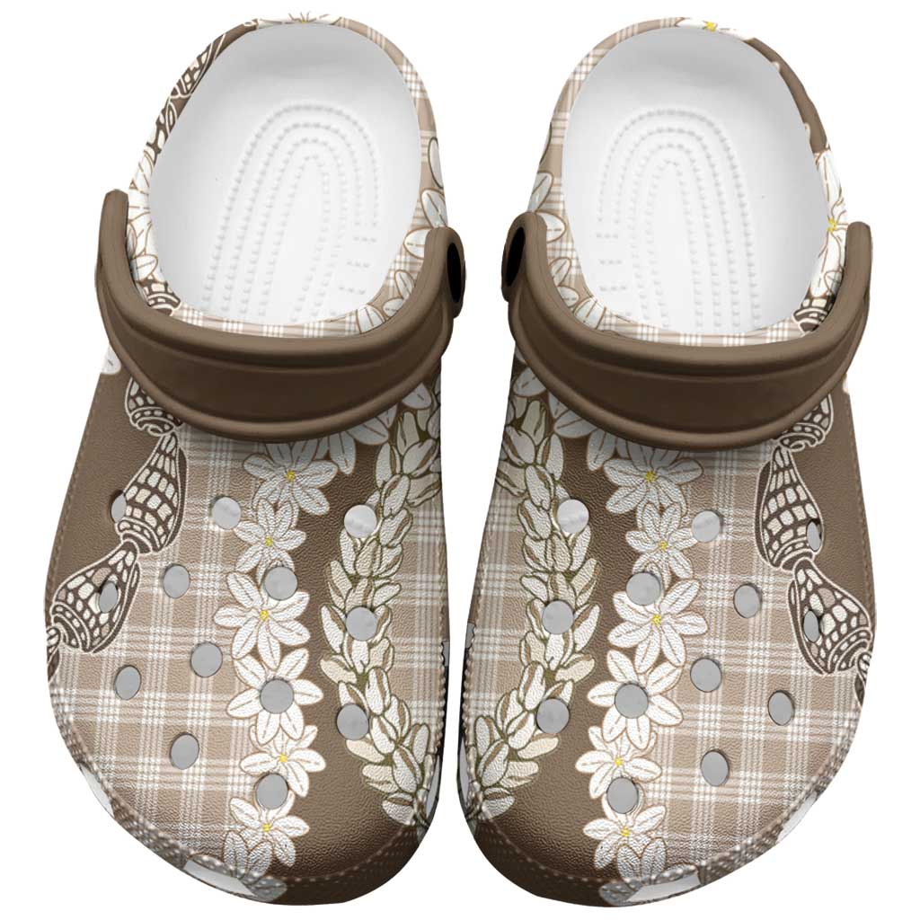 Brown Hawaii Tiare and Shell Lei Clogs Shoes Hawaiian Palaka Luxury Vibes - Polynesian Pride