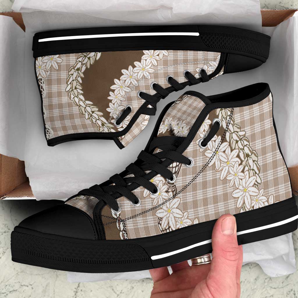 Brown Hawaii Tiare and Shell Lei High Top Shoes Hawaiian Palaka Luxury Vibes LT14 Brown - Polynesian Pride