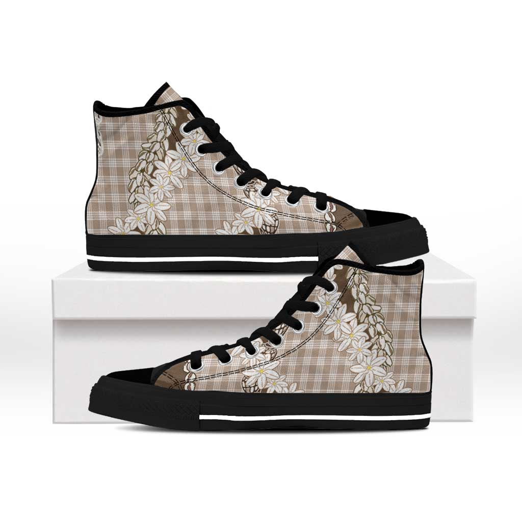 Brown Hawaii Tiare and Shell Lei High Top Shoes Hawaiian Palaka Luxury Vibes LT14 - Polynesian Pride