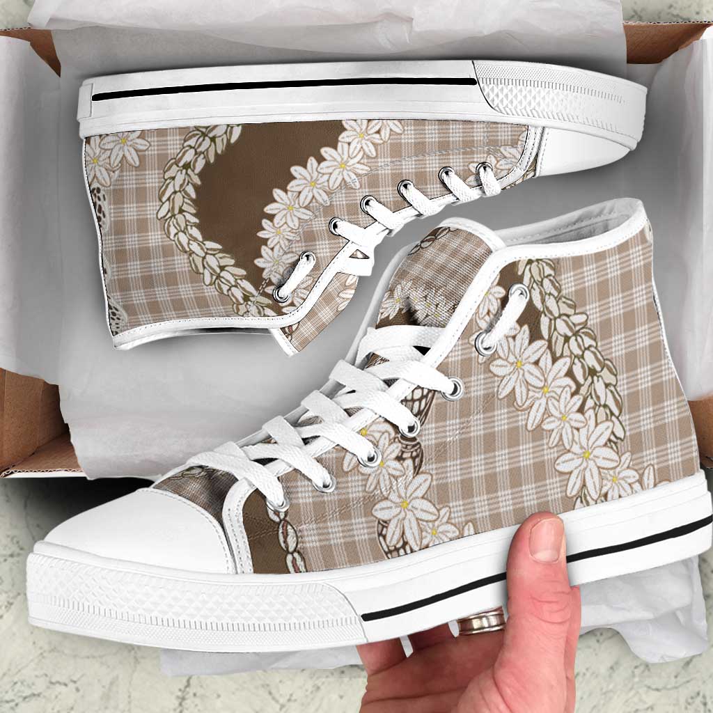 Brown Hawaii Tiare and Shell Lei High Top Shoes Hawaiian Palaka Luxury Vibes LT14 Brown - Polynesian Pride