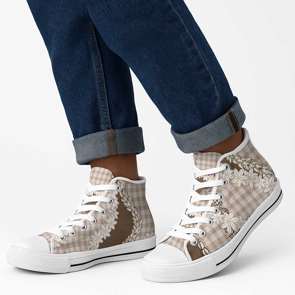Brown Hawaii Tiare and Shell Lei High Top Shoes Hawaiian Palaka Luxury Vibes LT14 - Polynesian Pride