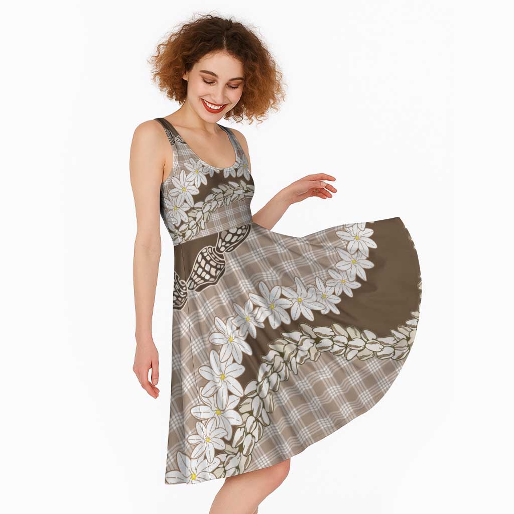 Brown Hawaii Tiare and Shell Lei Midi Dress Hawaiian Palaka Luxury Vibes - Polynesian Pride