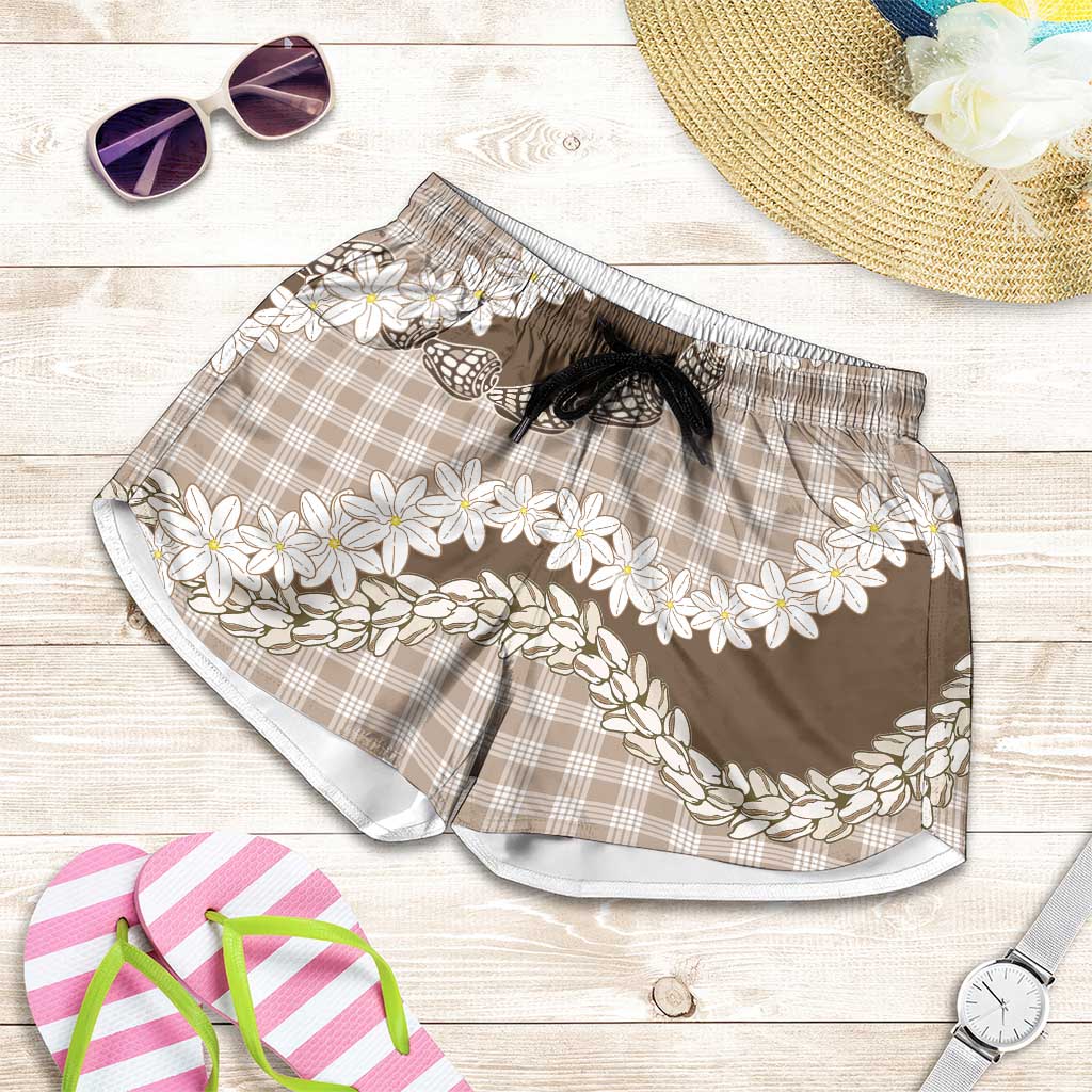Brown Hawaii Tiare and Shell Lei Shorts for Women Hawaiian Palaka Luxury Vibes LT14 Brown - Polynesian Pride