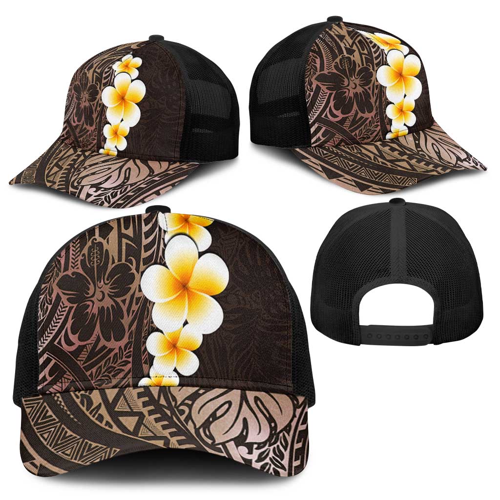 Brown Polynesia Mesh Trucker Cap Plumeria Tropical Leaves With Galaxy Polynesian Art - Polynesian Pride