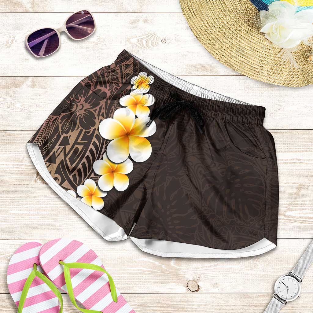 Brown Polynesia Shorts for Women Plumeria Tropical Leaves With Galaxy Polynesian Art - Polynesian Pride