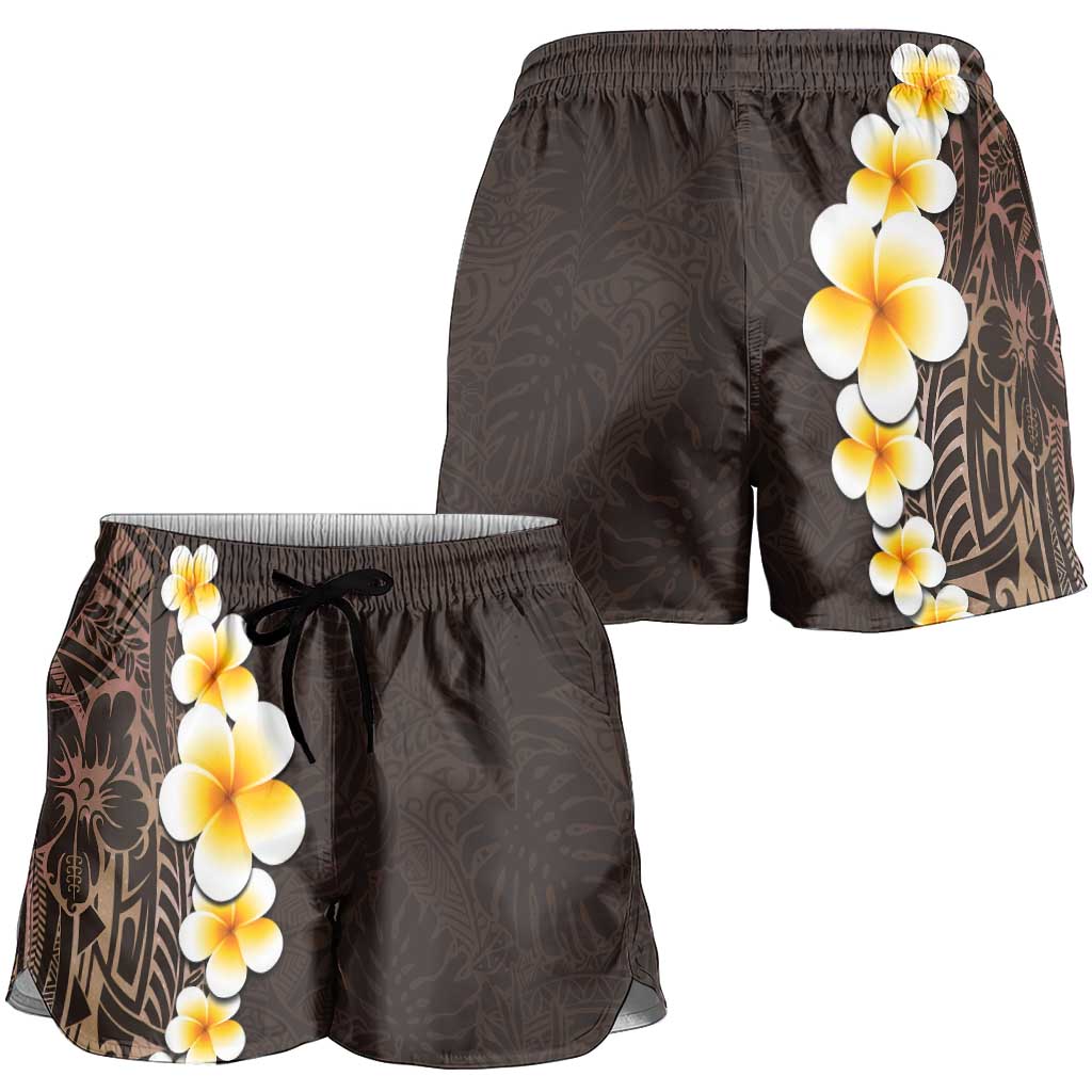 Brown Polynesia Shorts for Women Plumeria Tropical Leaves With Galaxy Polynesian Art LT14 - Polynesian Pride