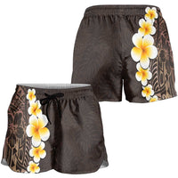 Brown Polynesia Shorts for Women Plumeria Tropical Leaves With Galaxy Polynesian Art LT14 - Polynesian Pride