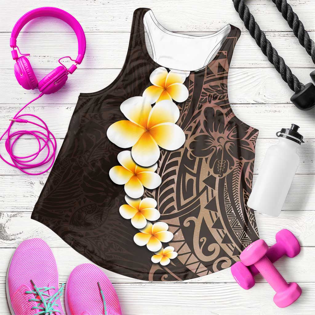 Brown Polynesia Women Racerback Tank Plumeria Tropical Leaves With Galaxy Polynesian Art - Polynesian Pride