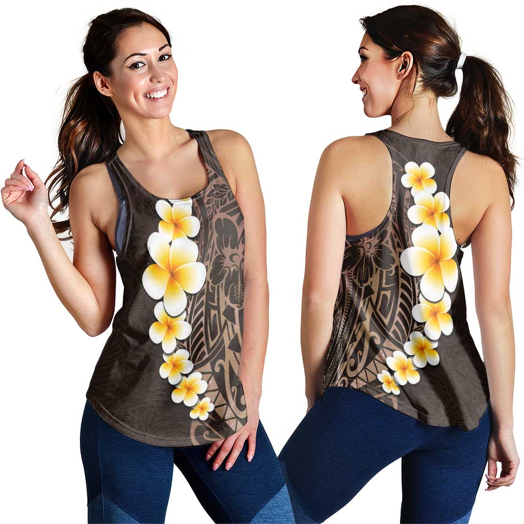 Brown Polynesia Women Racerback Tank Plumeria Tropical Leaves With Galaxy Polynesian Art - Polynesian Pride